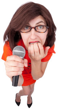 Nervous Woman Holding Microphone